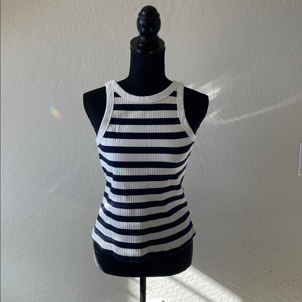 MOTHER Navy and White Striped Tank Top